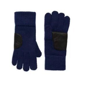 Ugg $65 Leather Patch Wool Blend Knit Gloves in Navy NEW WITH TAGS